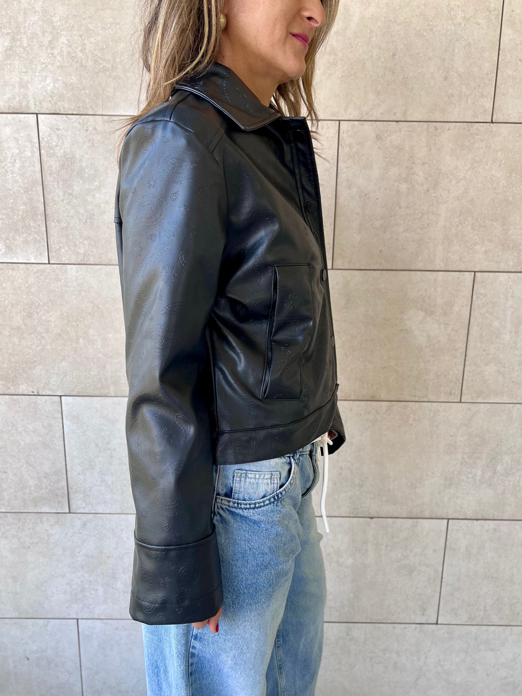 Black Paisley Printed Leather Jacket