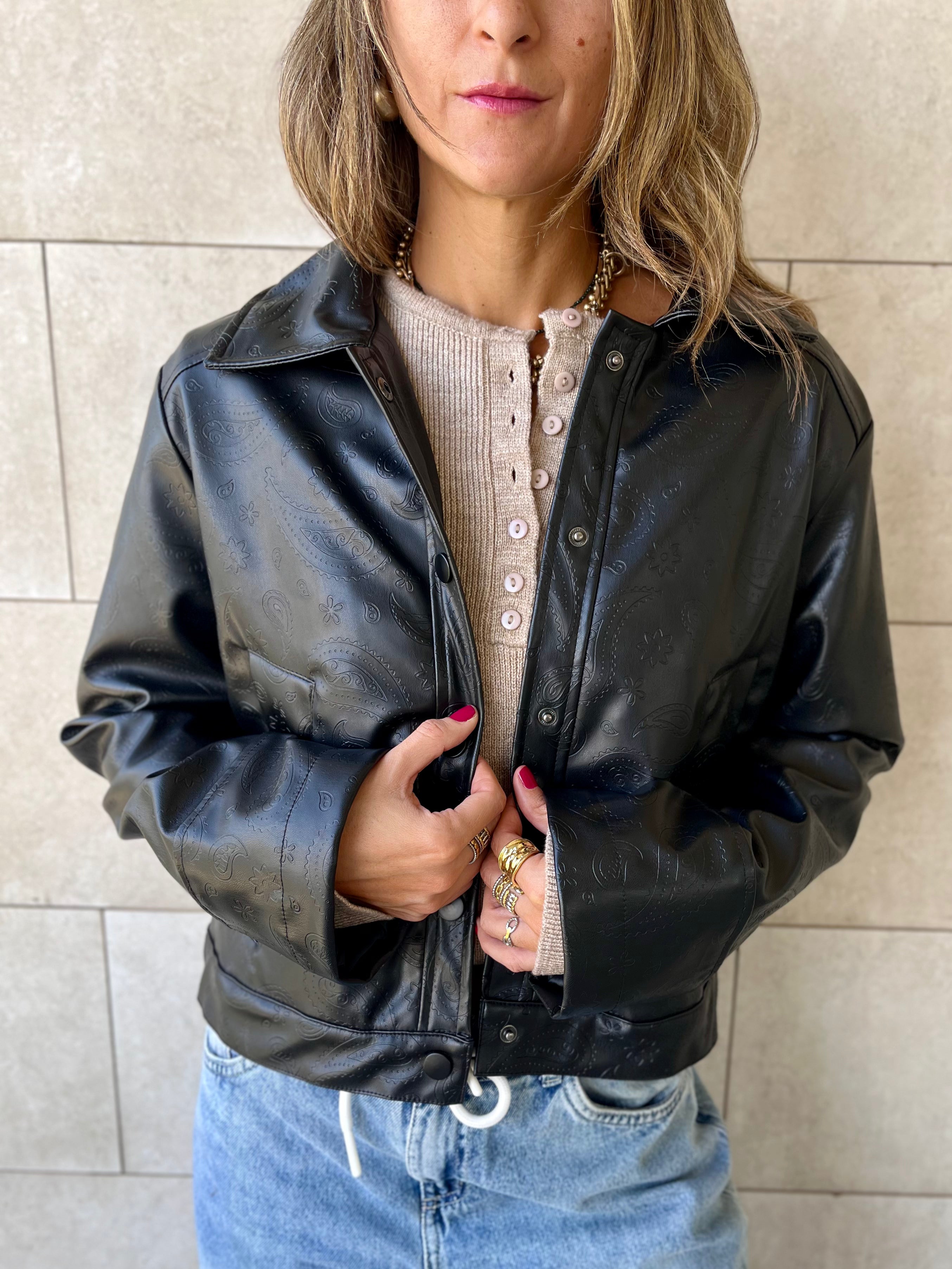 Black Paisley Printed Leather Jacket