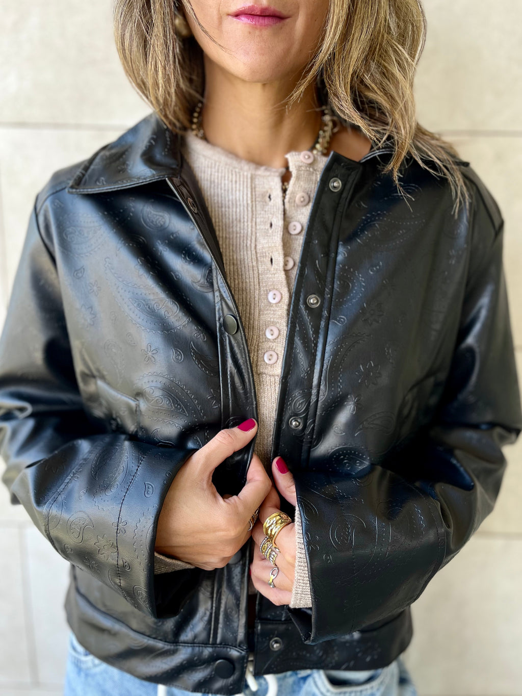 Black Paisley Printed Leather Jacket