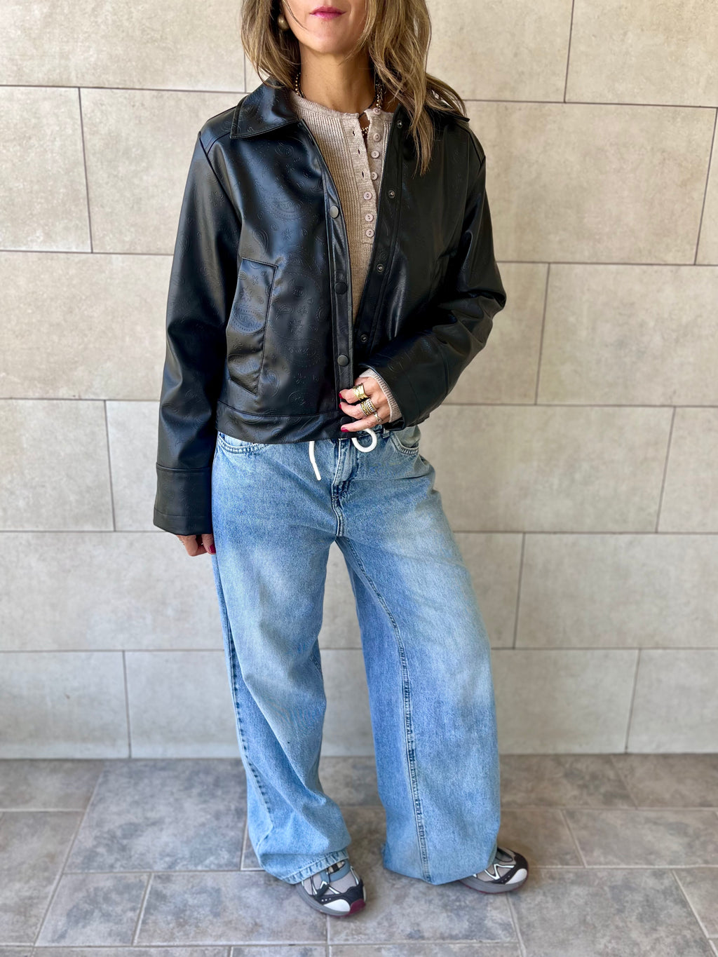 Black Paisley Printed Leather Jacket