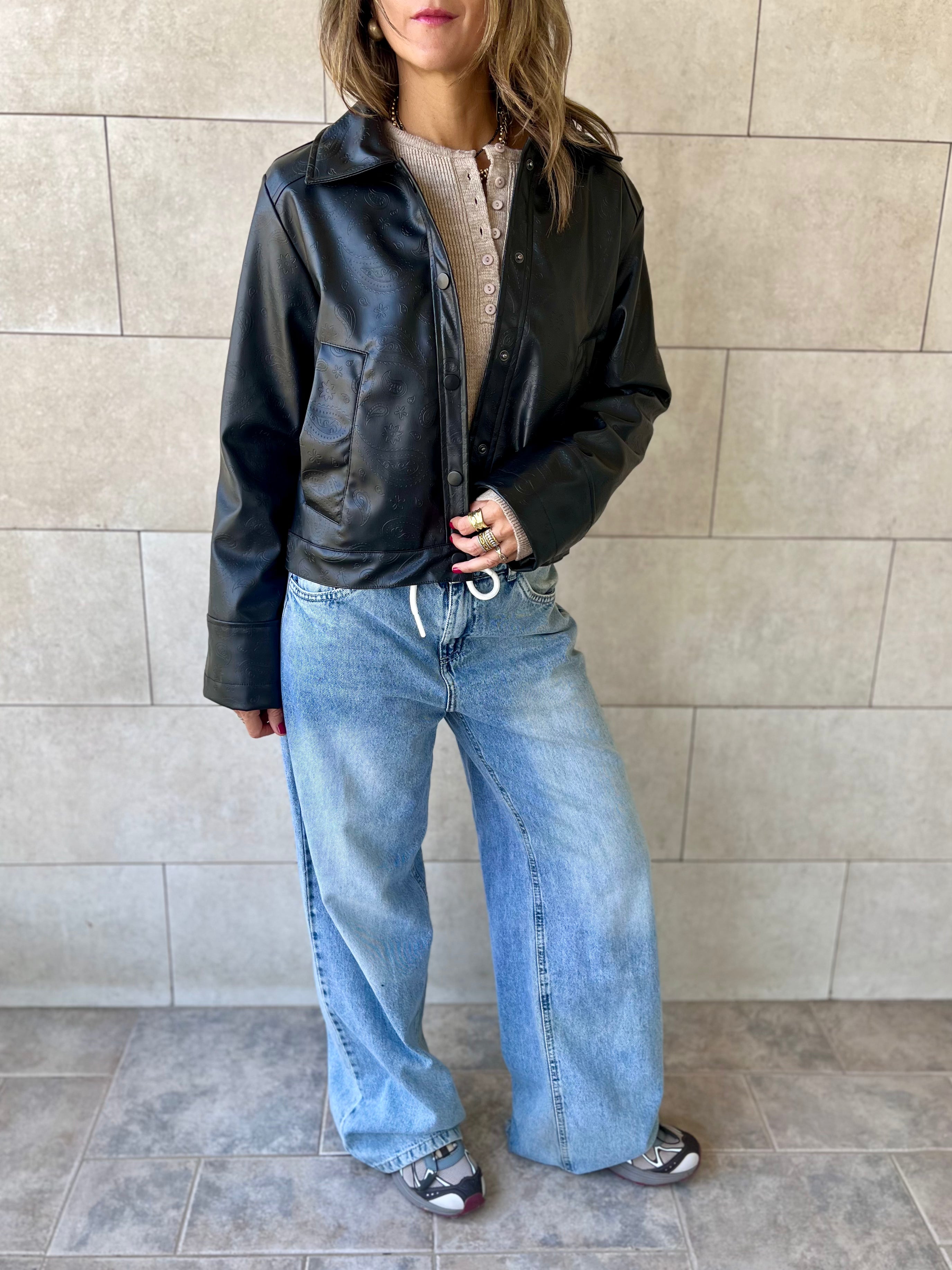 Black Paisley Printed Leather Jacket