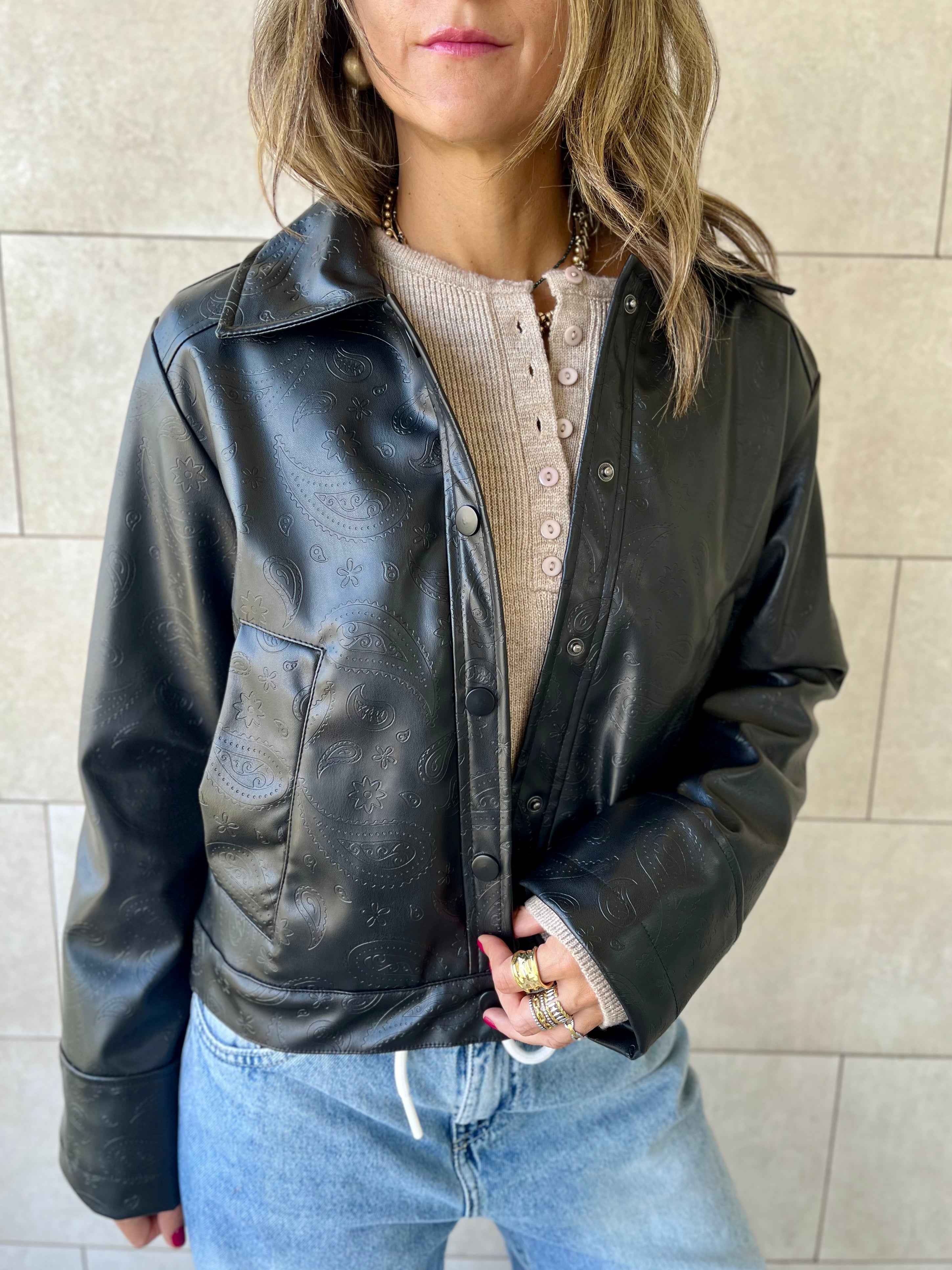 Black Paisley Printed Leather Jacket