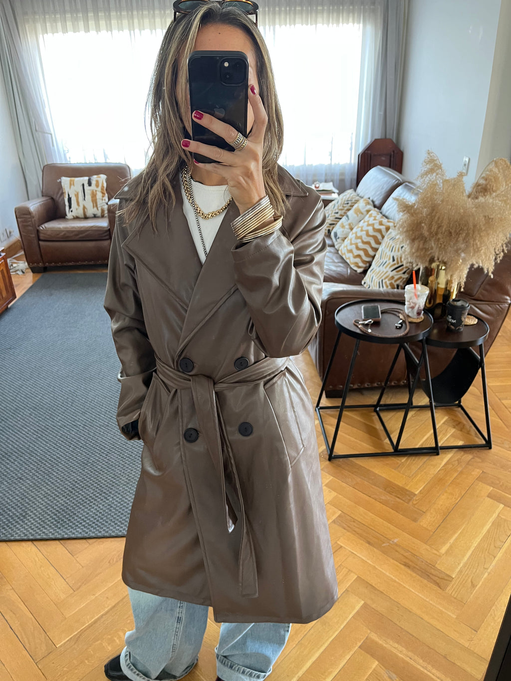 Brown Longline Leather Belted Coat