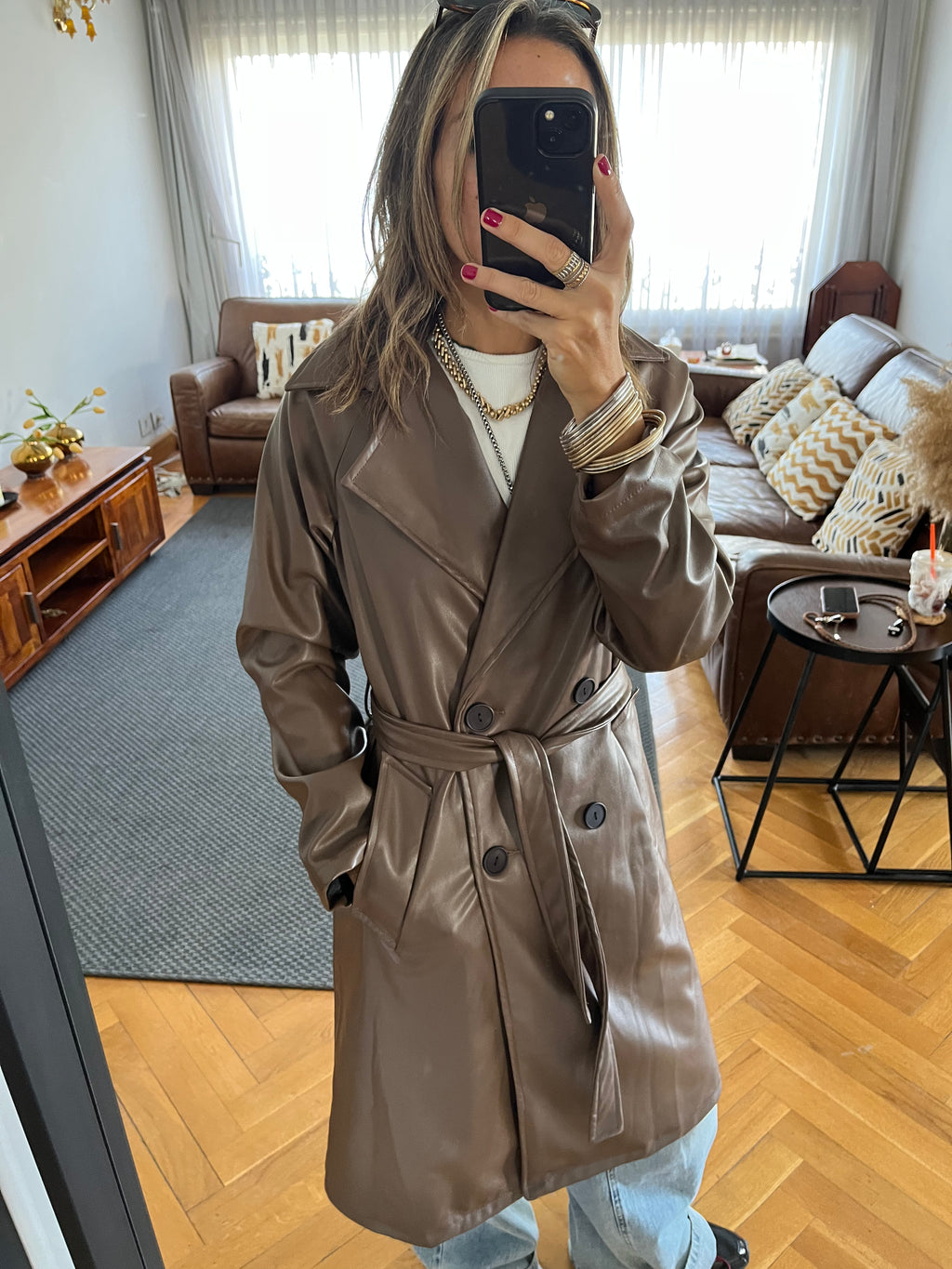 Brown Longline Leather Belted Coat