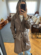 Brown Longline Leather Belted Coat