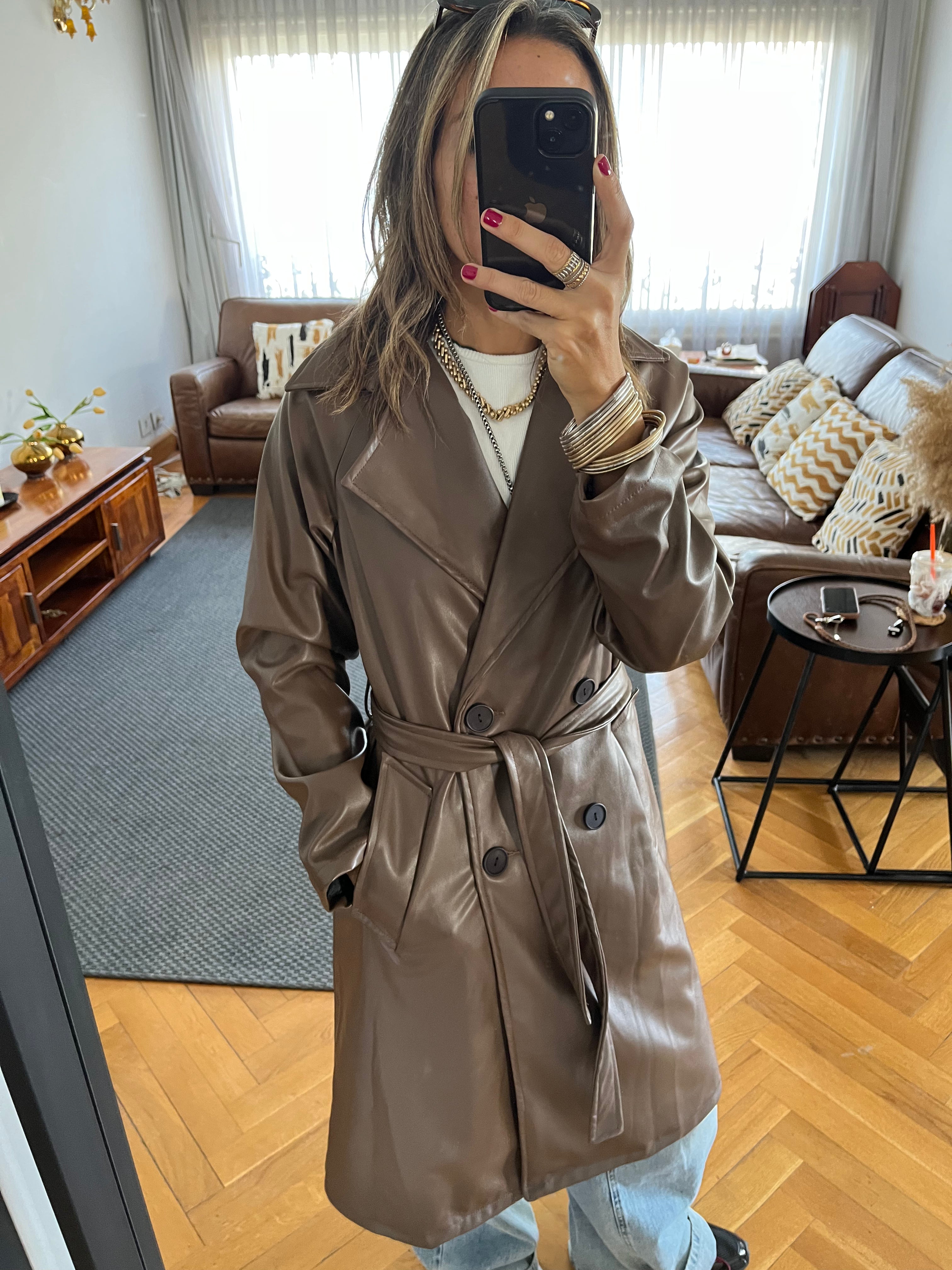Brown Longline Leather Belted Coat