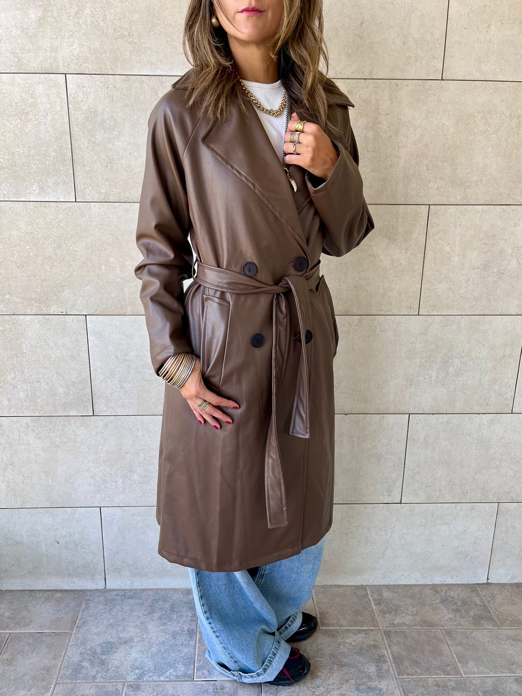 Brown Longline Leather Belted Coat
