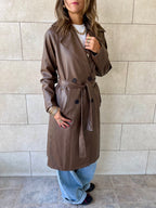 Brown Longline Leather Belted Coat
