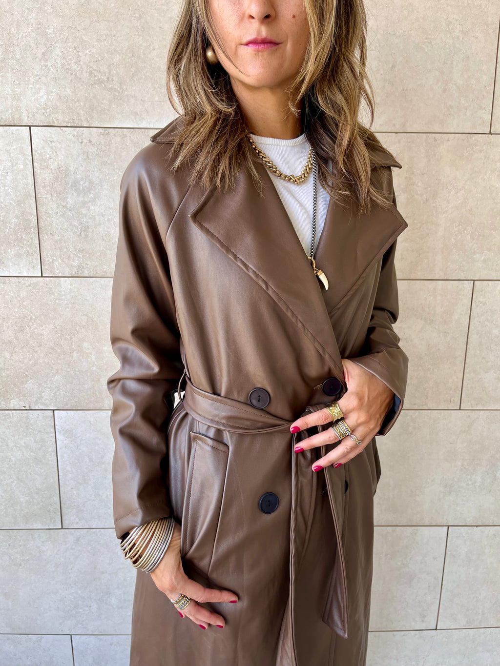 Brown Longline Leather Belted Coat