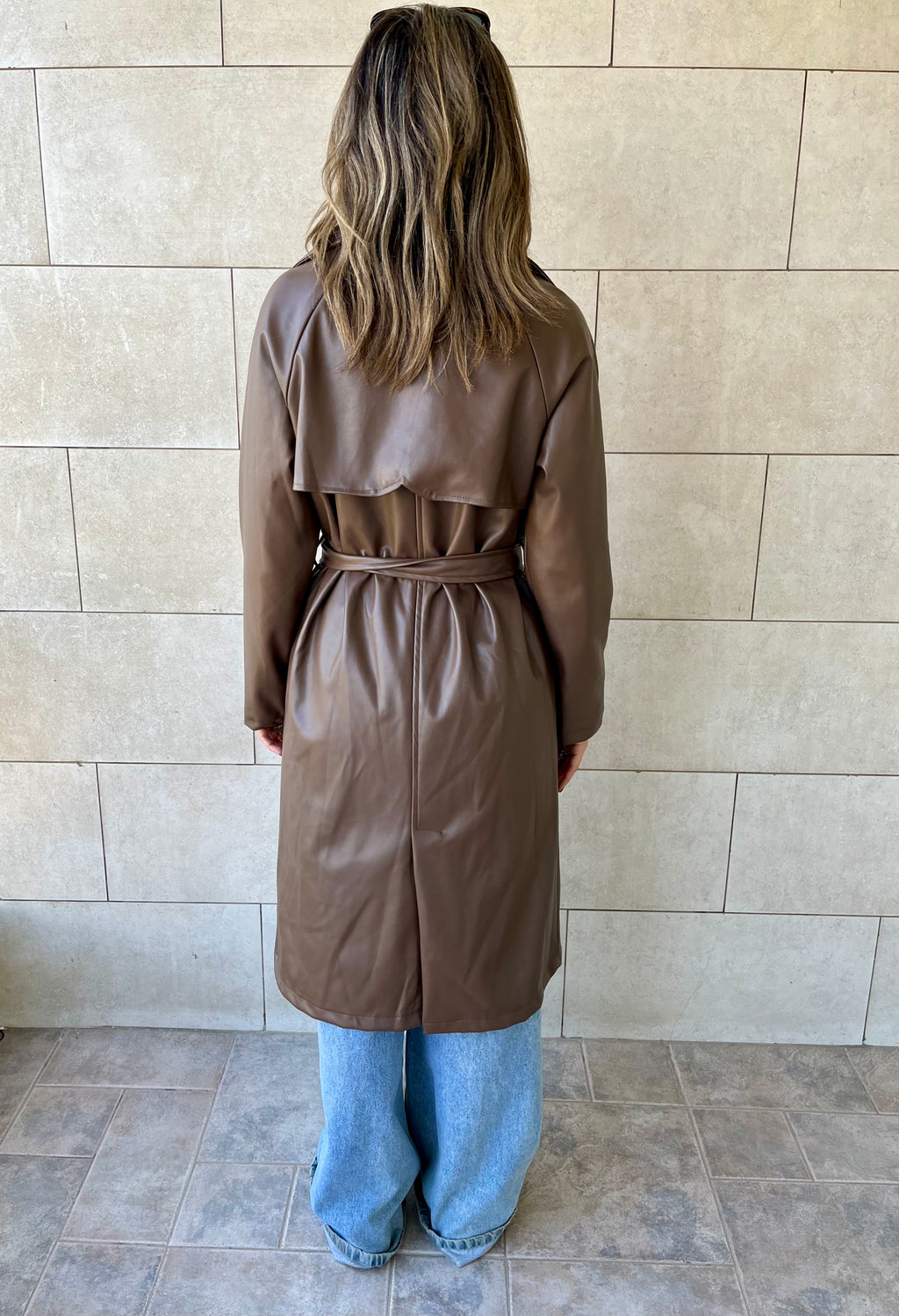 Brown Longline Leather Belted Coat