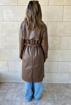Brown Longline Leather Belted Coat