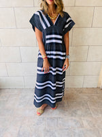 Black Short Sleeve V Striped Dress