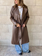 Brown Longline Leather Belted Coat