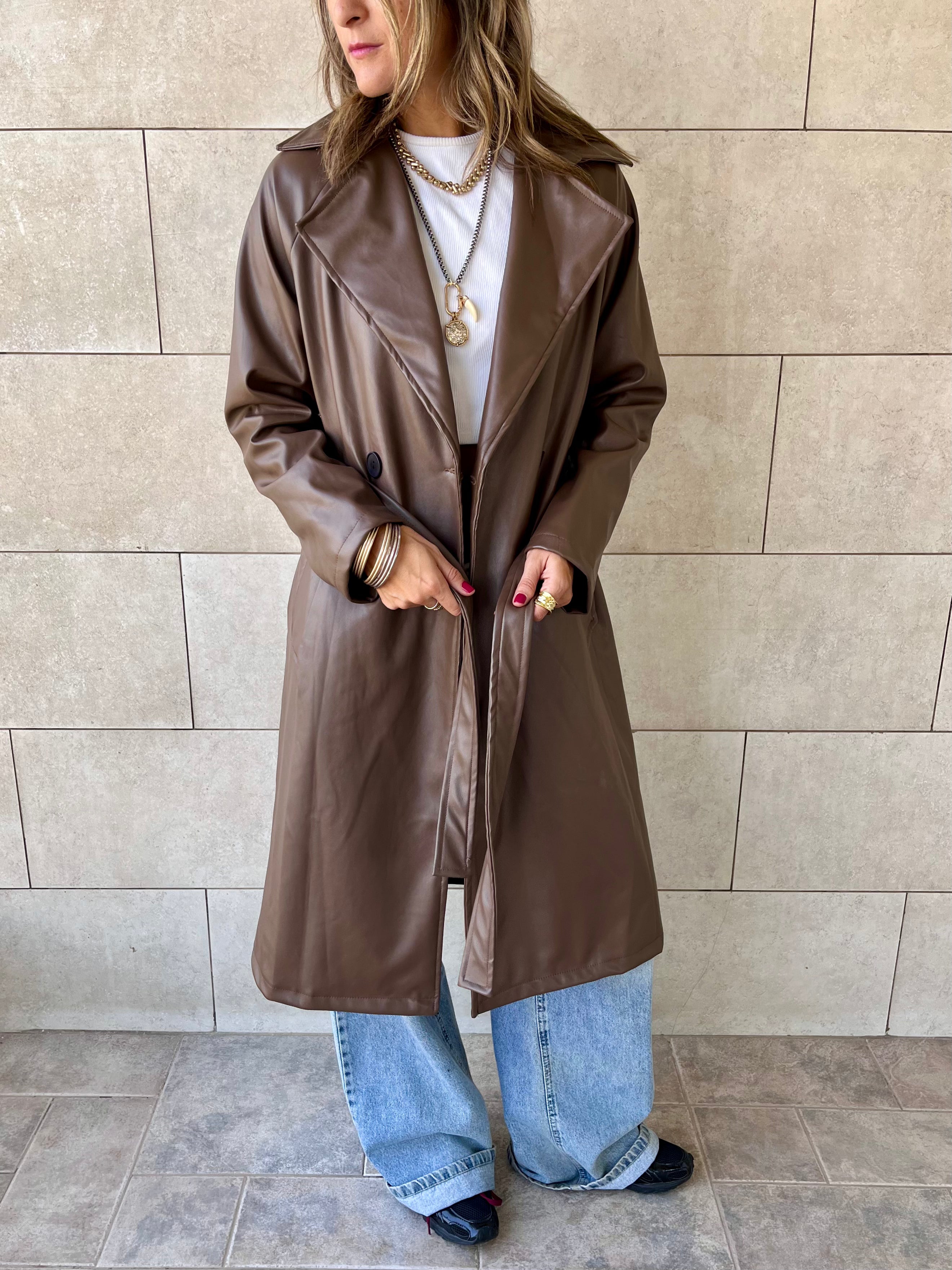 Brown Longline Leather Belted Coat