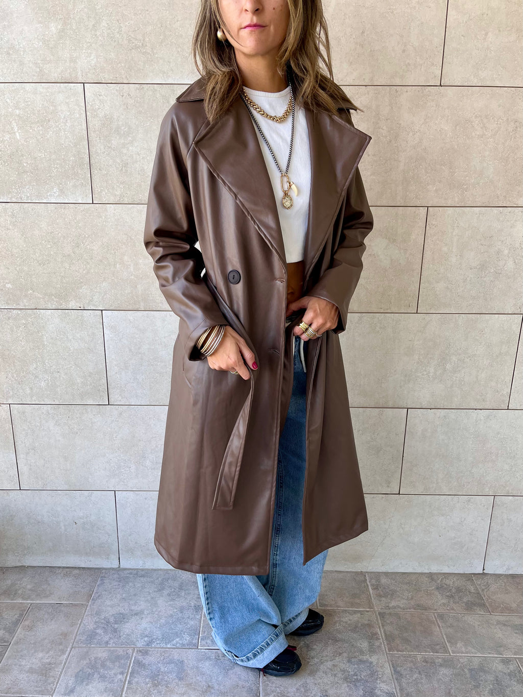 Brown Longline Leather Belted Coat