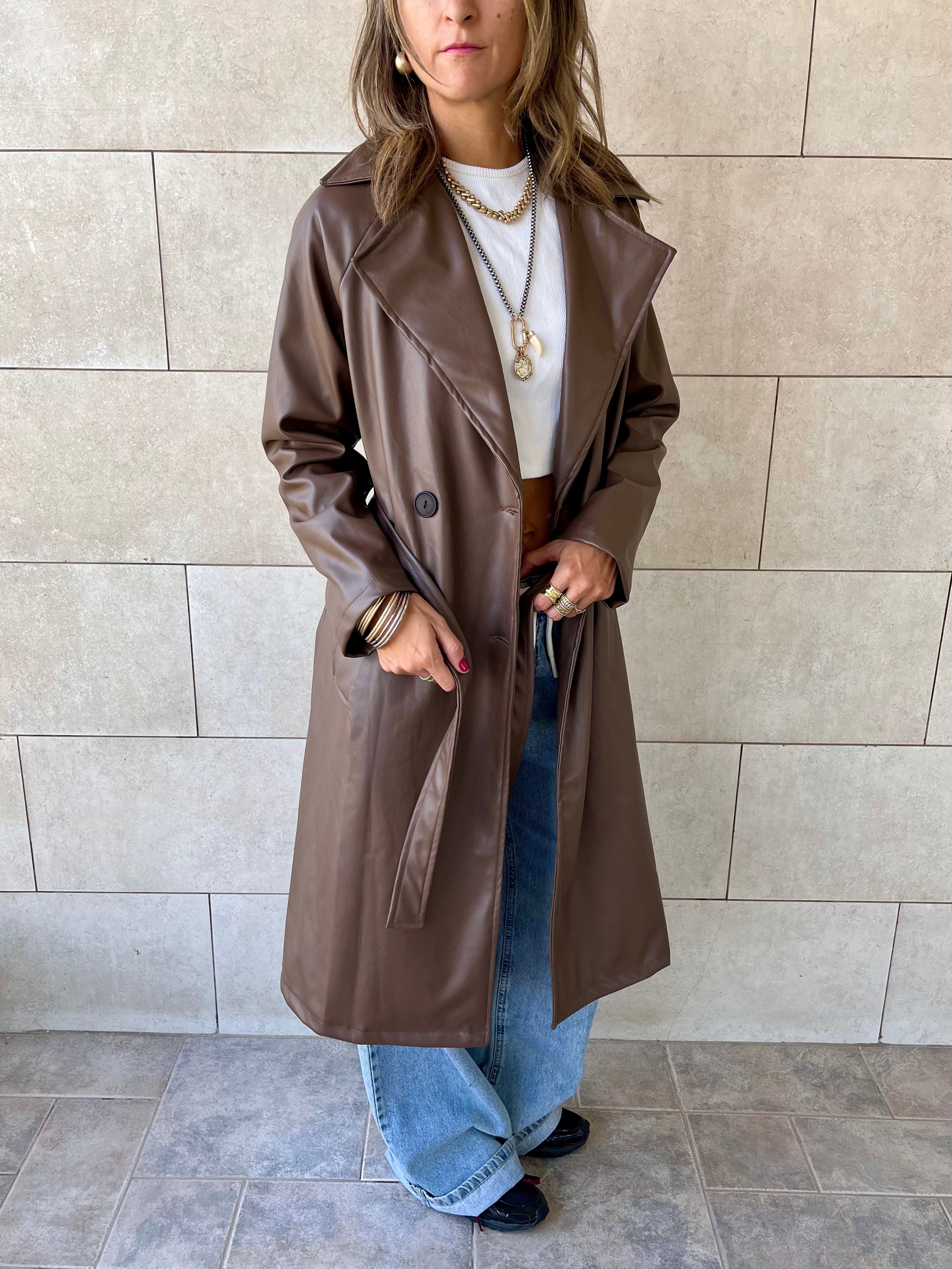 Brown Longline Leather Belted Coat