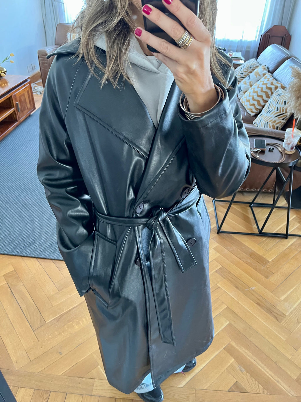 Black Longline Leather Belted Coat