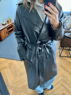 Black Longline Leather Belted Coat