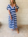 Navy Short Sleeve V Striped Dress