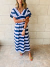 Navy Short Sleeve V Striped Dress