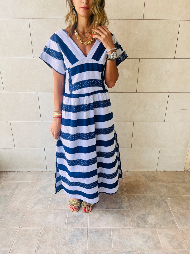 Navy Short Sleeve V Striped Dress