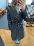 Black Longline Leather Belted Coat