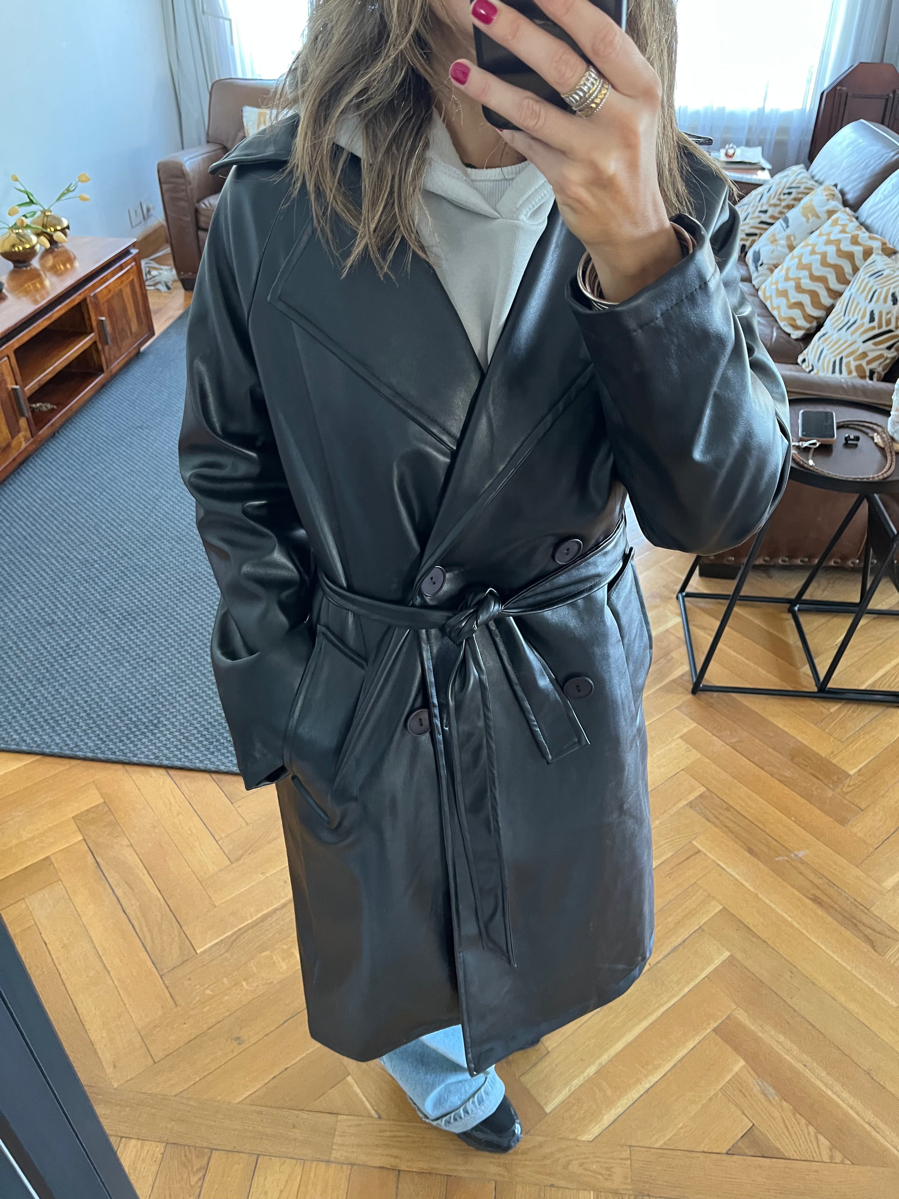 Black Longline Leather Belted Coat