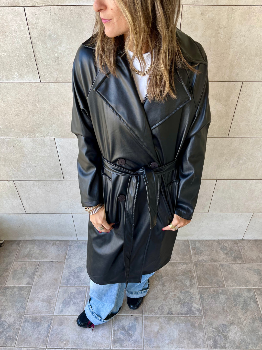 Black Longline Leather Belted Coat