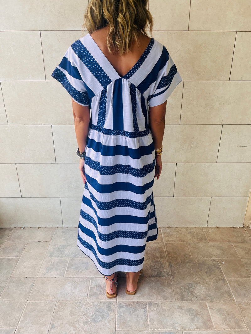 Navy Short Sleeve V Striped Dress