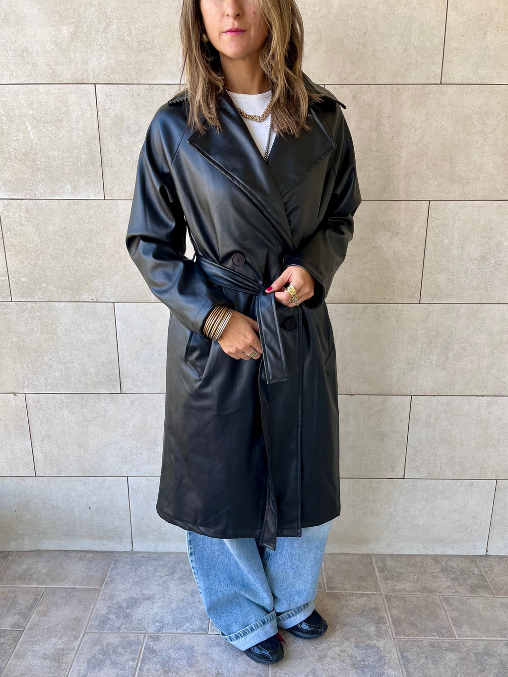 Black Longline Leather Belted Coat