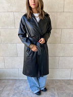 Black Longline Leather Belted Coat
