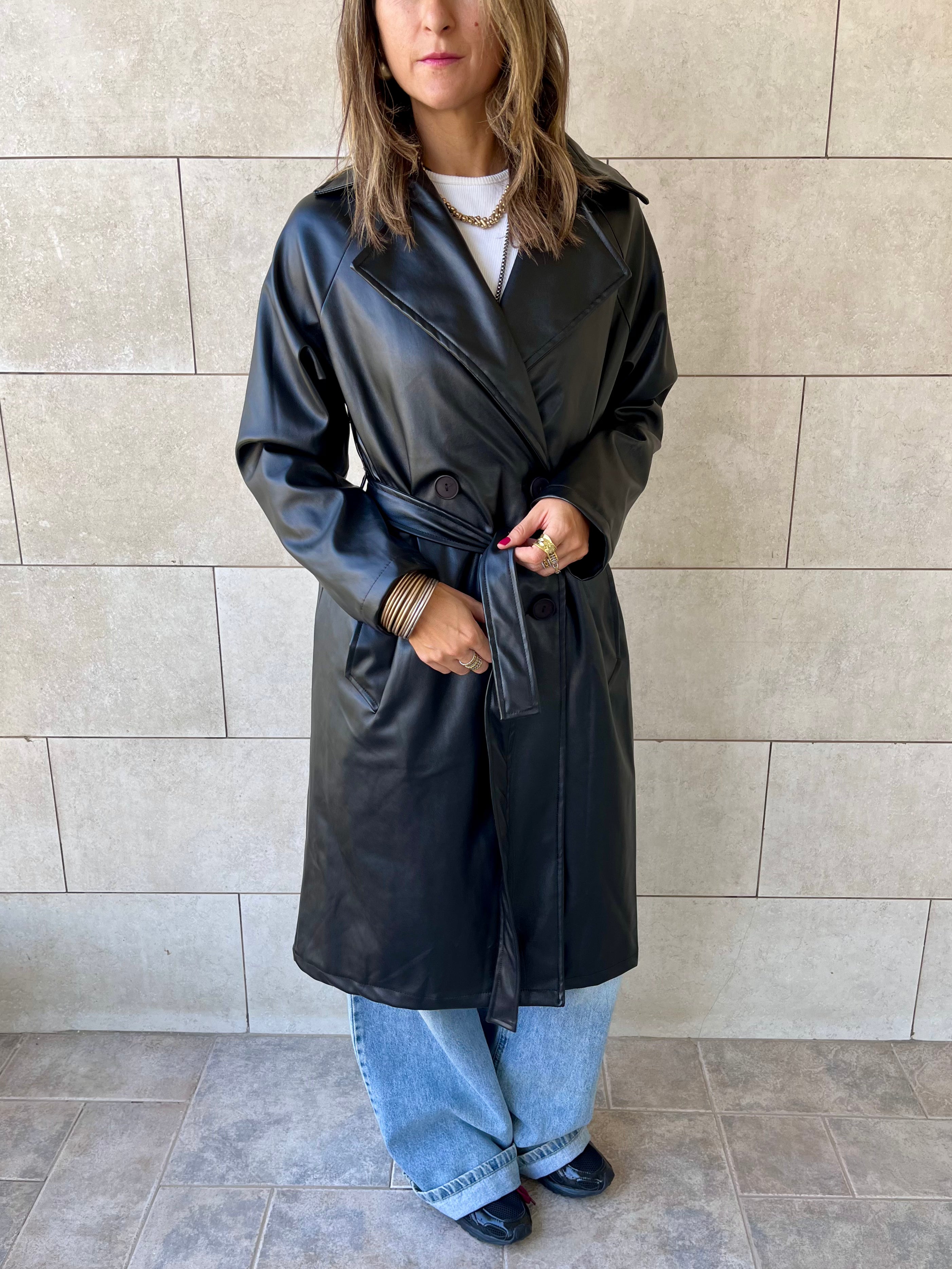 Black Longline Leather Belted Coat