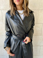 Black Longline Leather Belted Coat