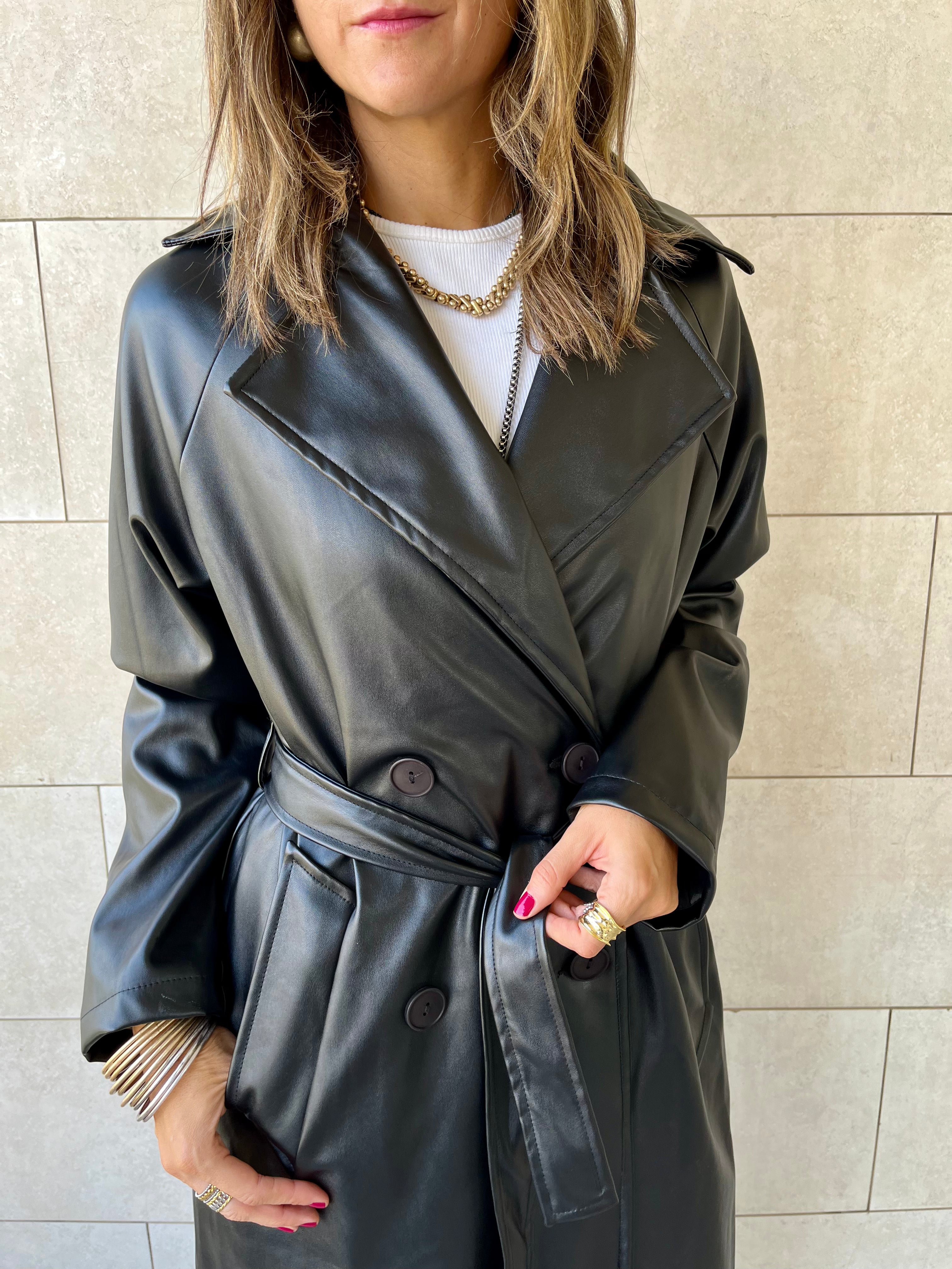 Black Longline Leather Belted Coat