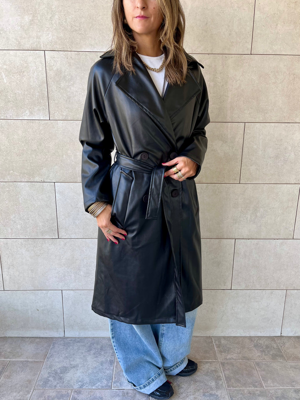 Black Longline Leather Belted Coat