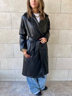 Black Longline Leather Belted Coat