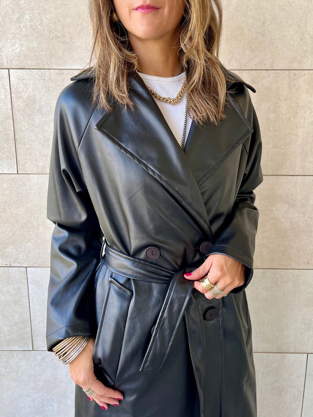 Black Longline Leather Belted Coat
