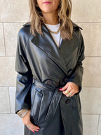Black Longline Leather Belted Coat