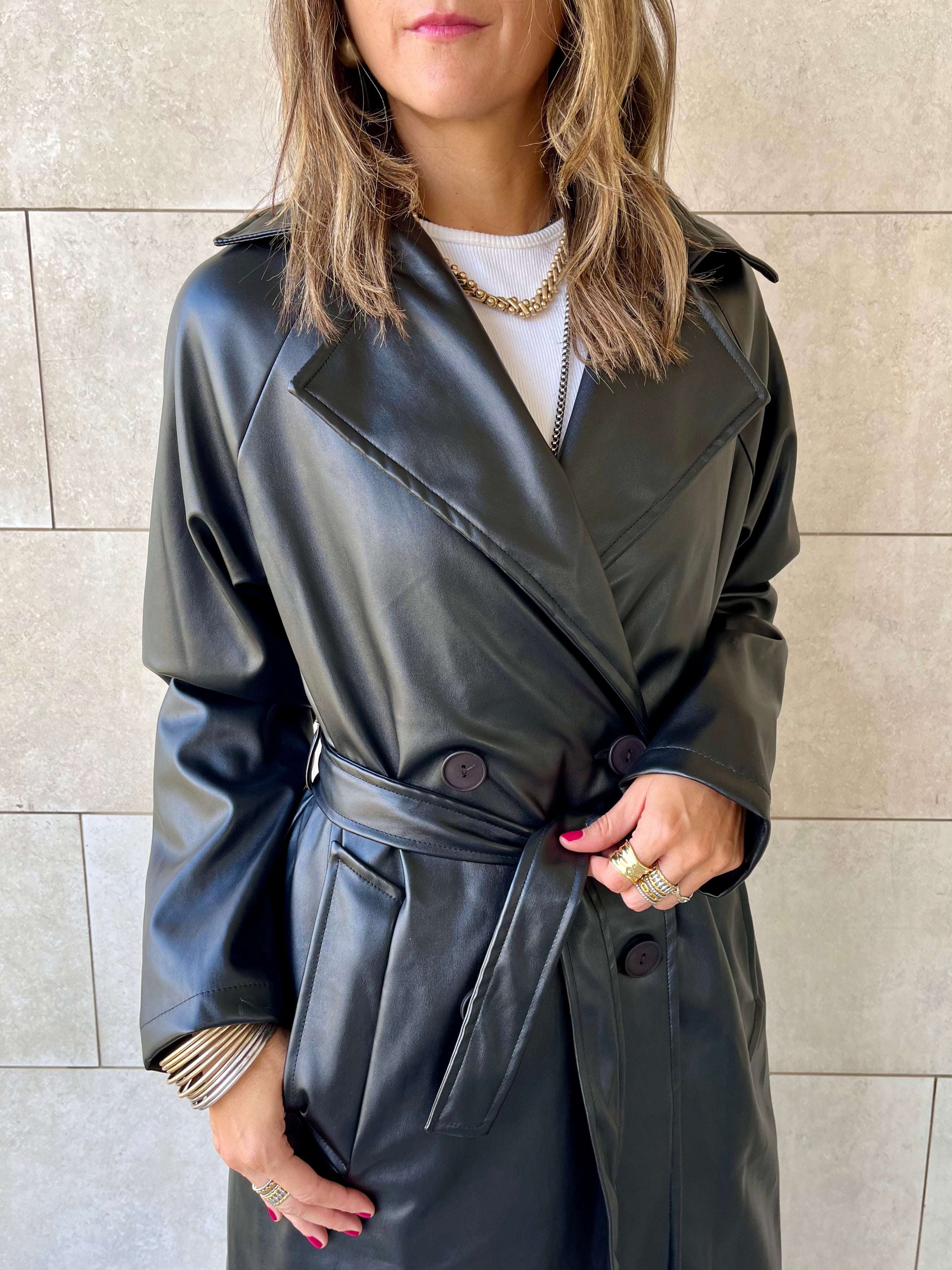 Black Longline Leather Belted Coat