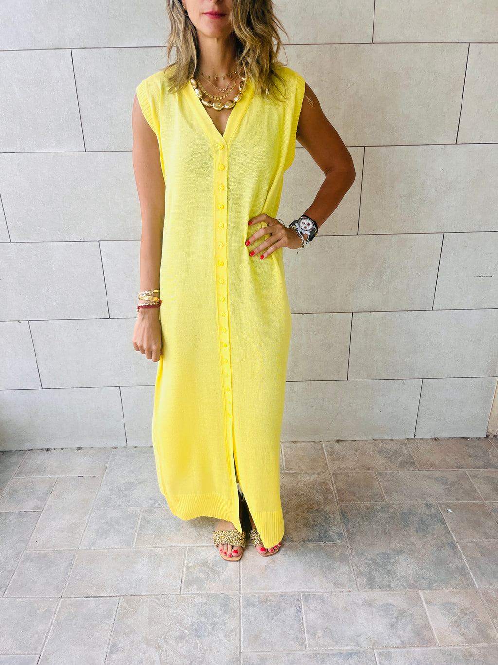 Yellow Sleeveless Cardi Dress