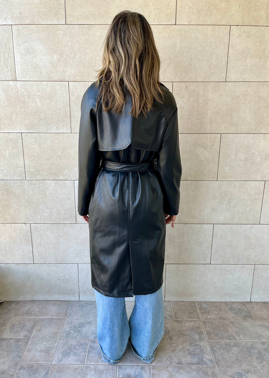 Black Longline Leather Belted Coat