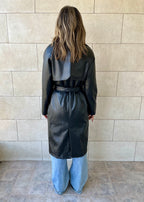 Black Longline Leather Belted Coat