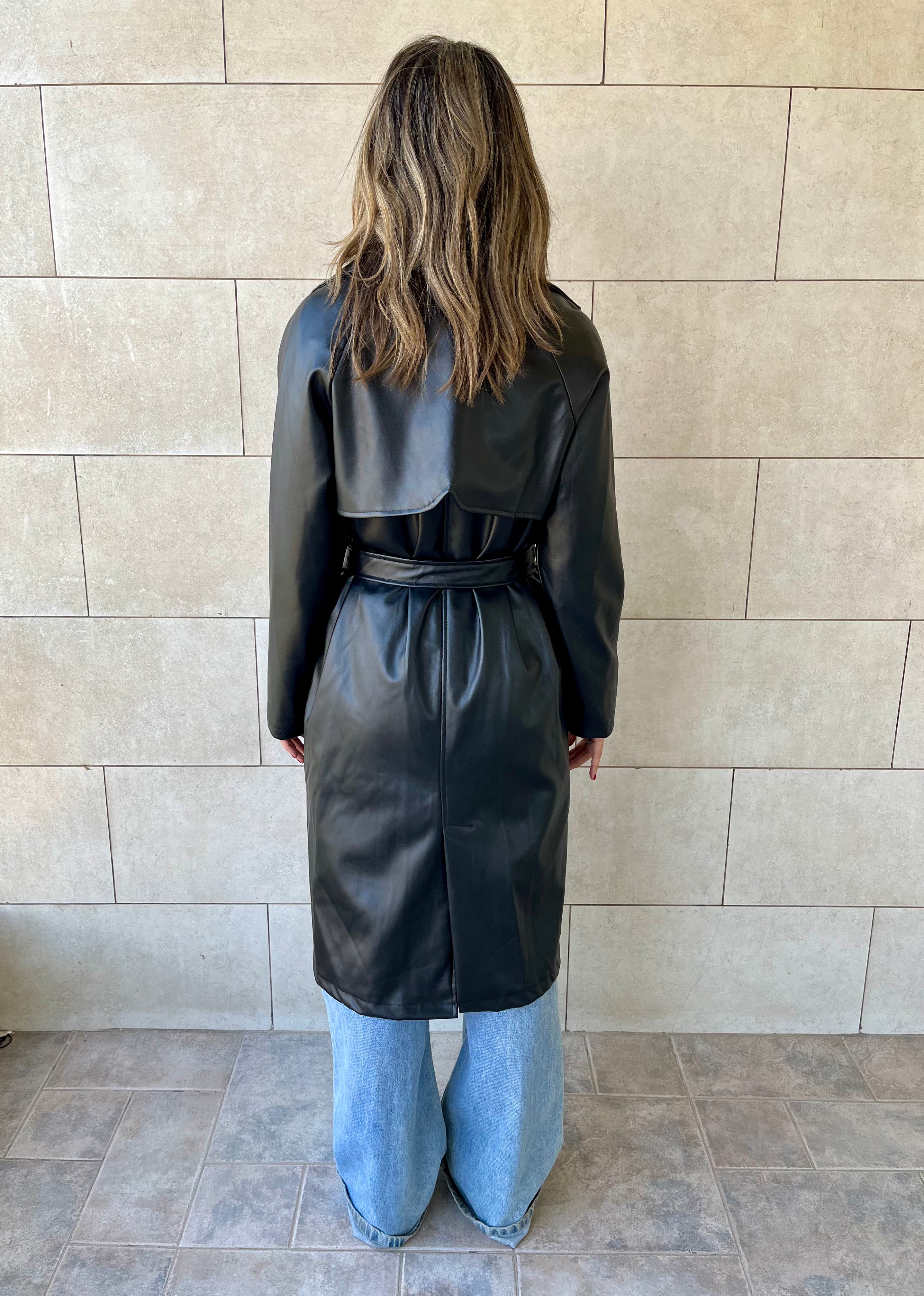 Black Longline Leather Belted Coat