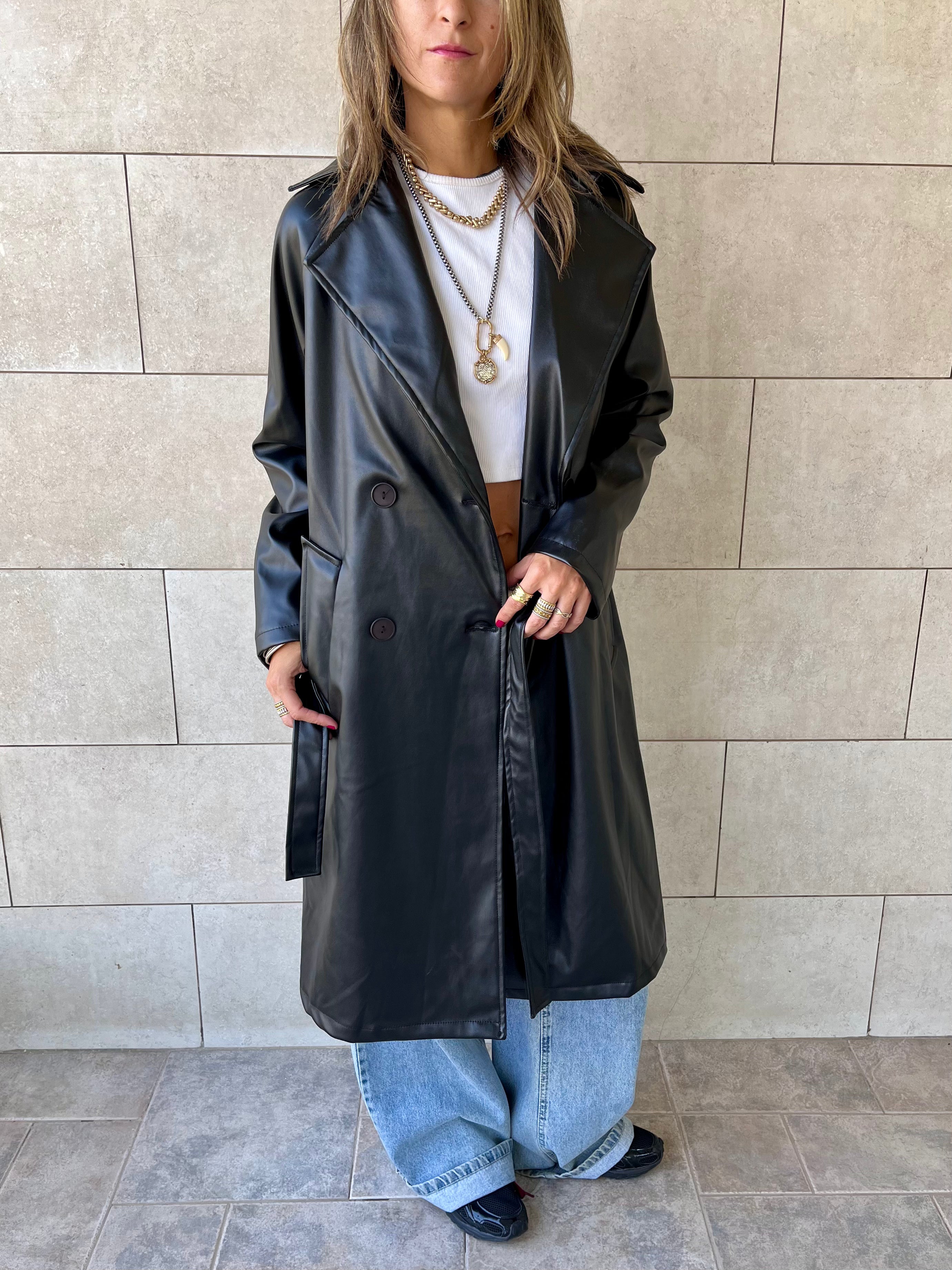 Black Longline Leather Belted Coat