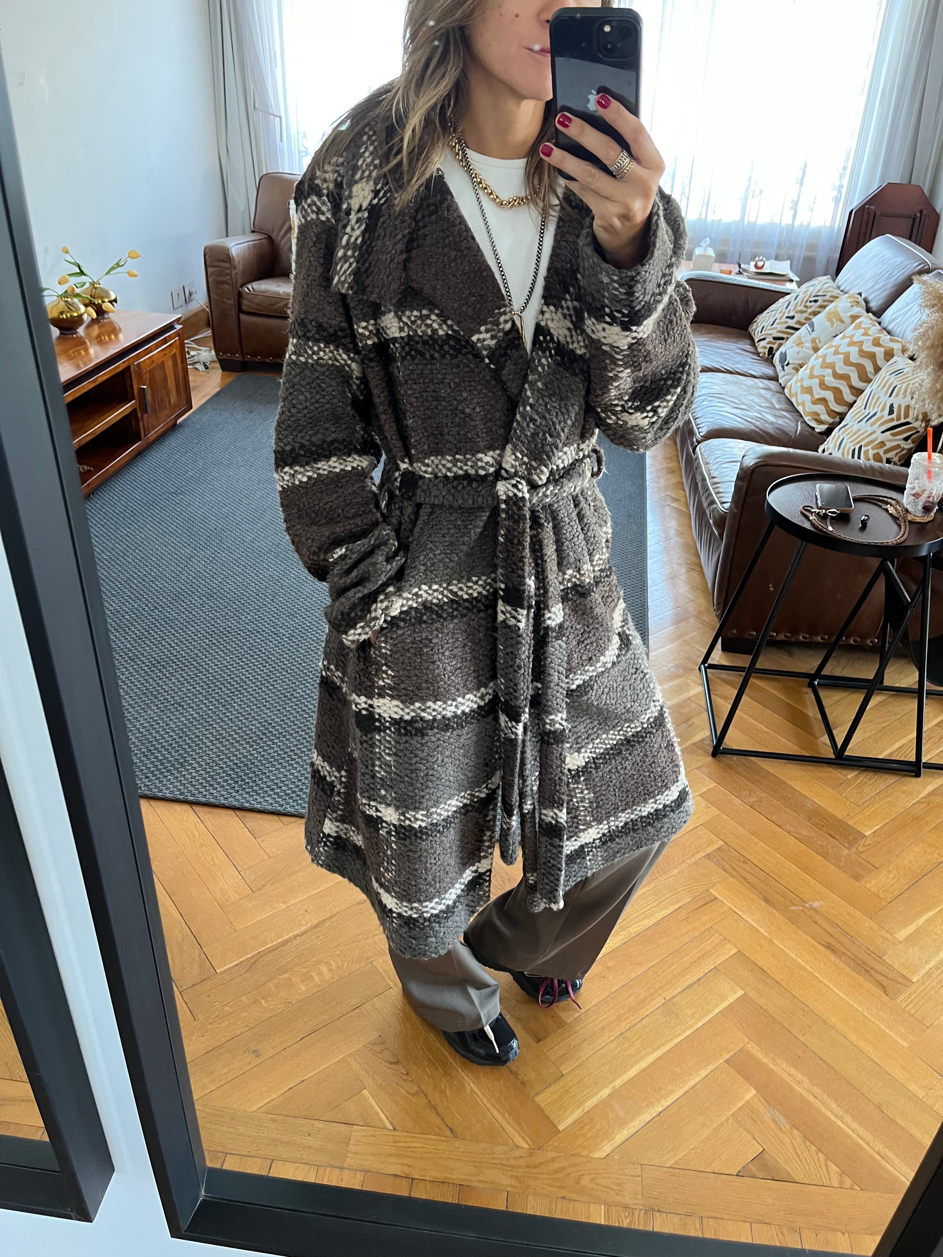 Brown Plaid Belted Coat