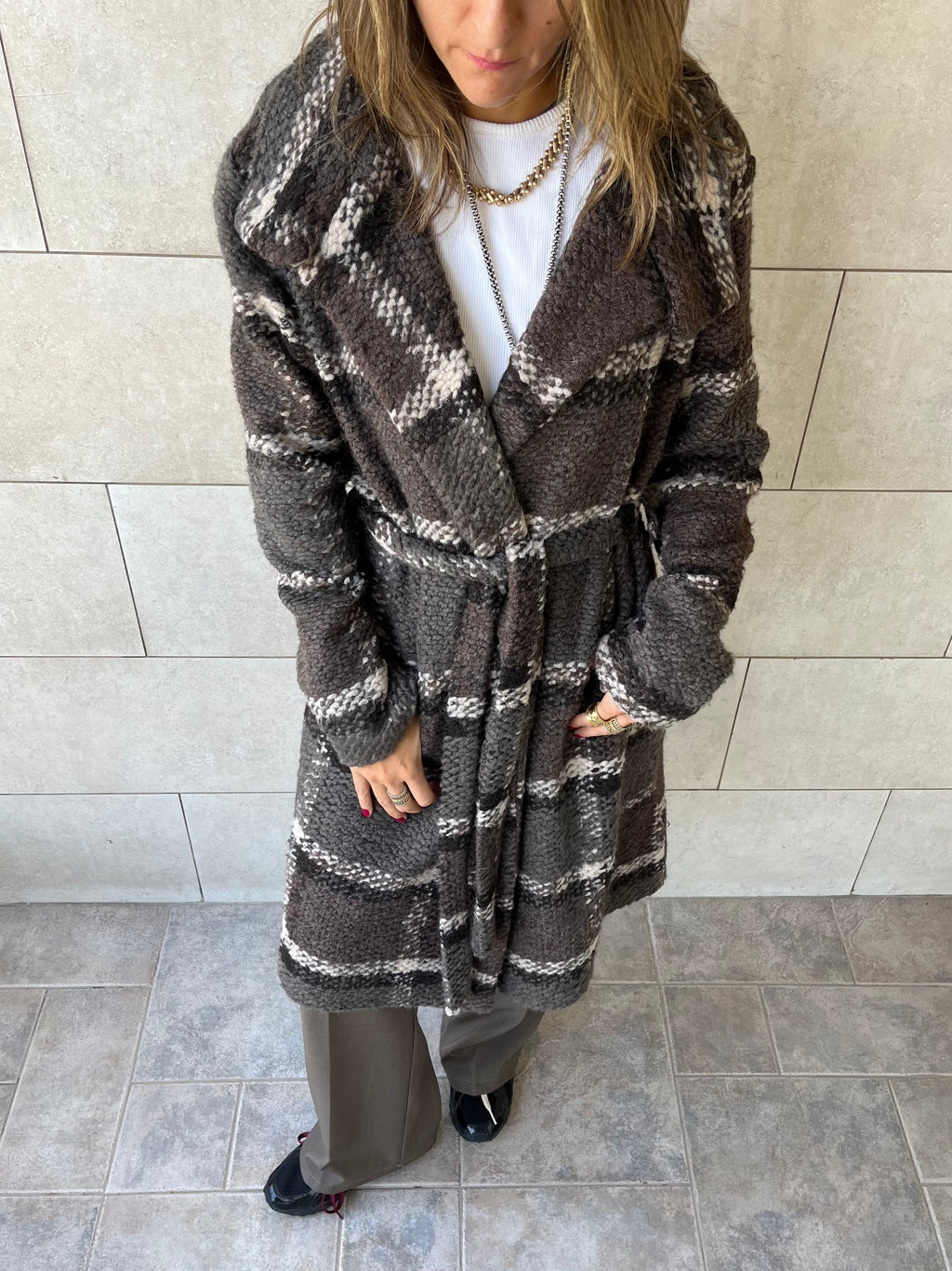 Brown Plaid Belted Coat