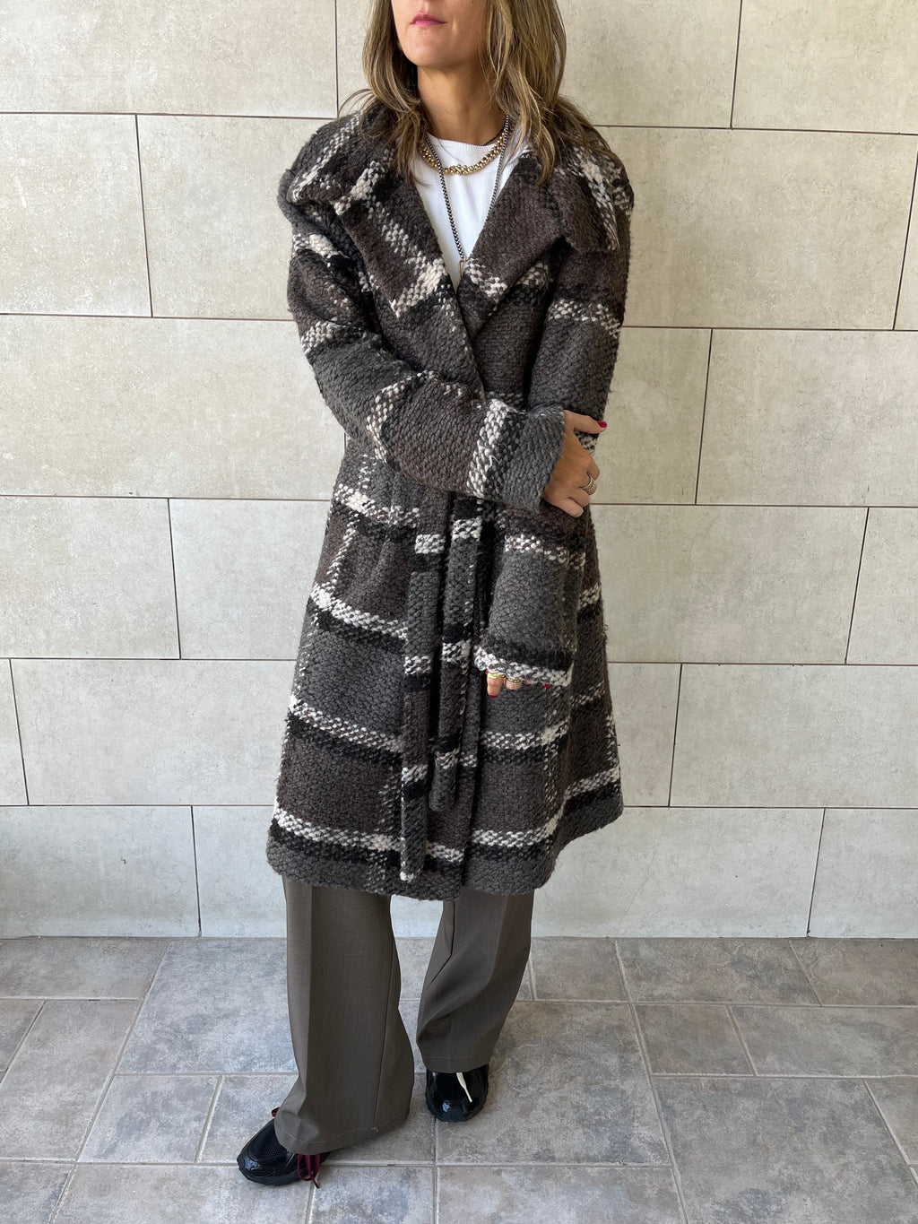 Brown Plaid Belted Coat