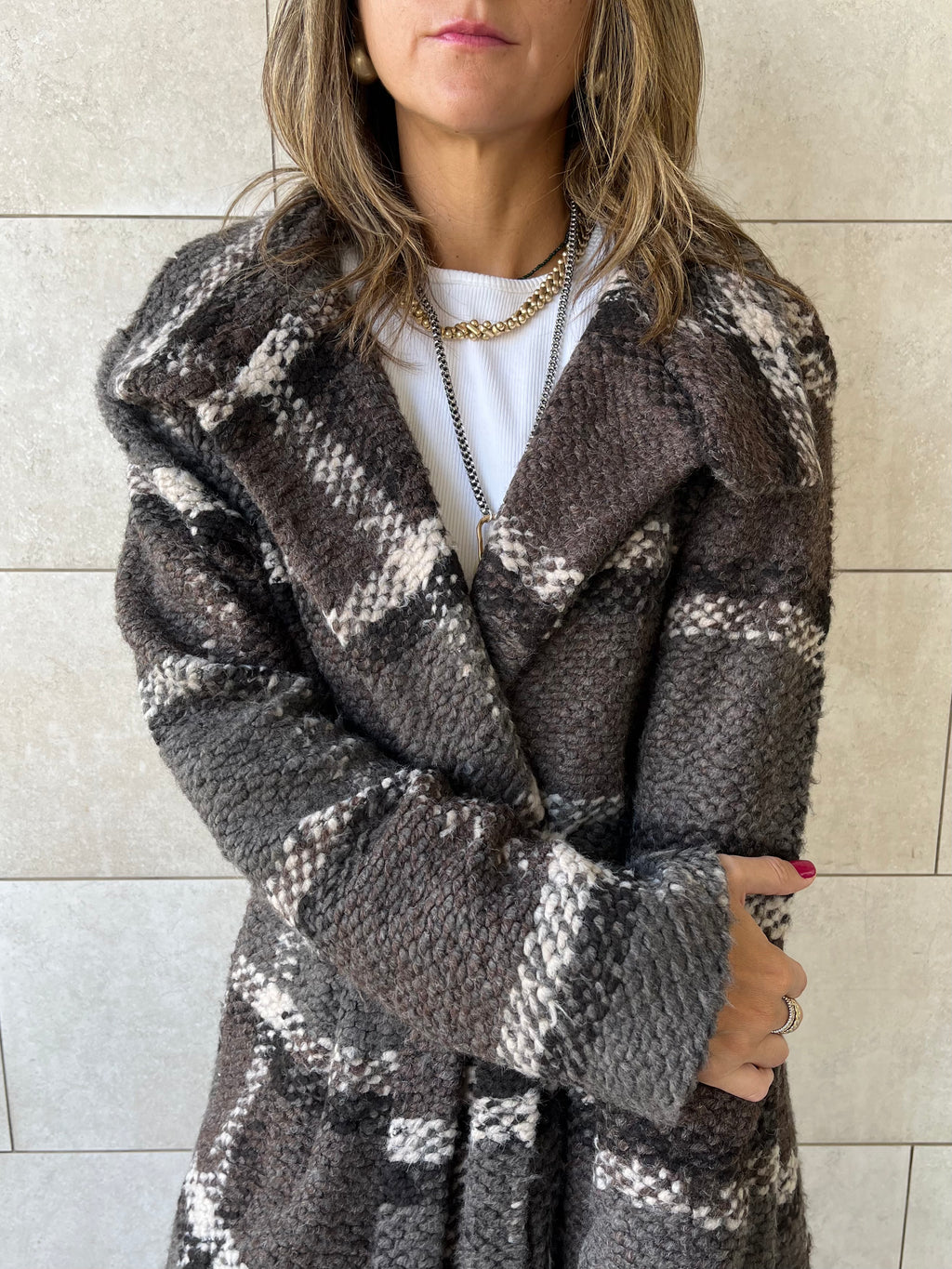 Brown Plaid Belted Coat