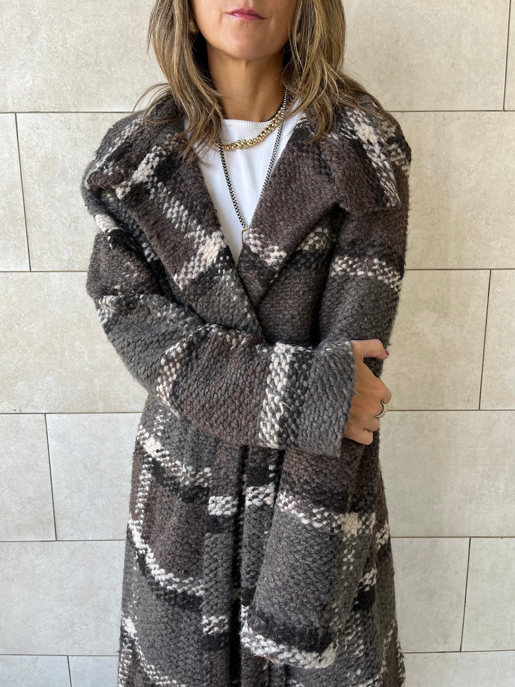 Brown Plaid Belted Coat