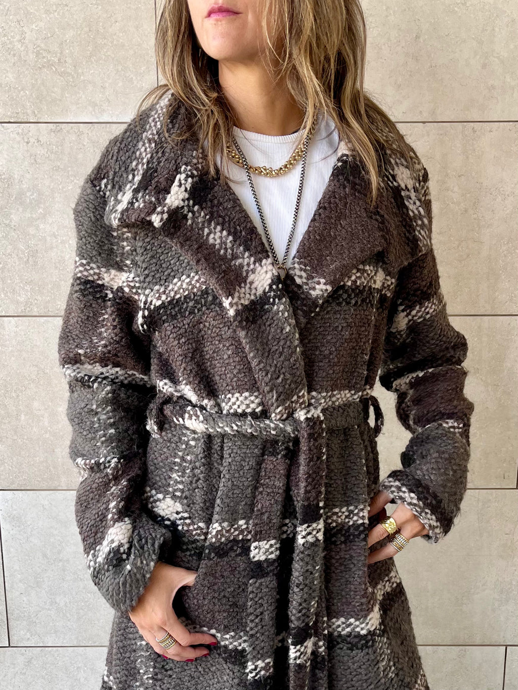 Brown Plaid Belted Coat